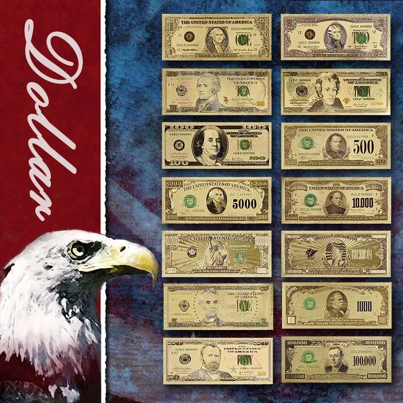 $100 Us Gold Foil Banconota Full American Dollar Bill Set Plastic Bank Note Soldi Finti Valuta Da Collezione Regali Per Banconote Del Mondo