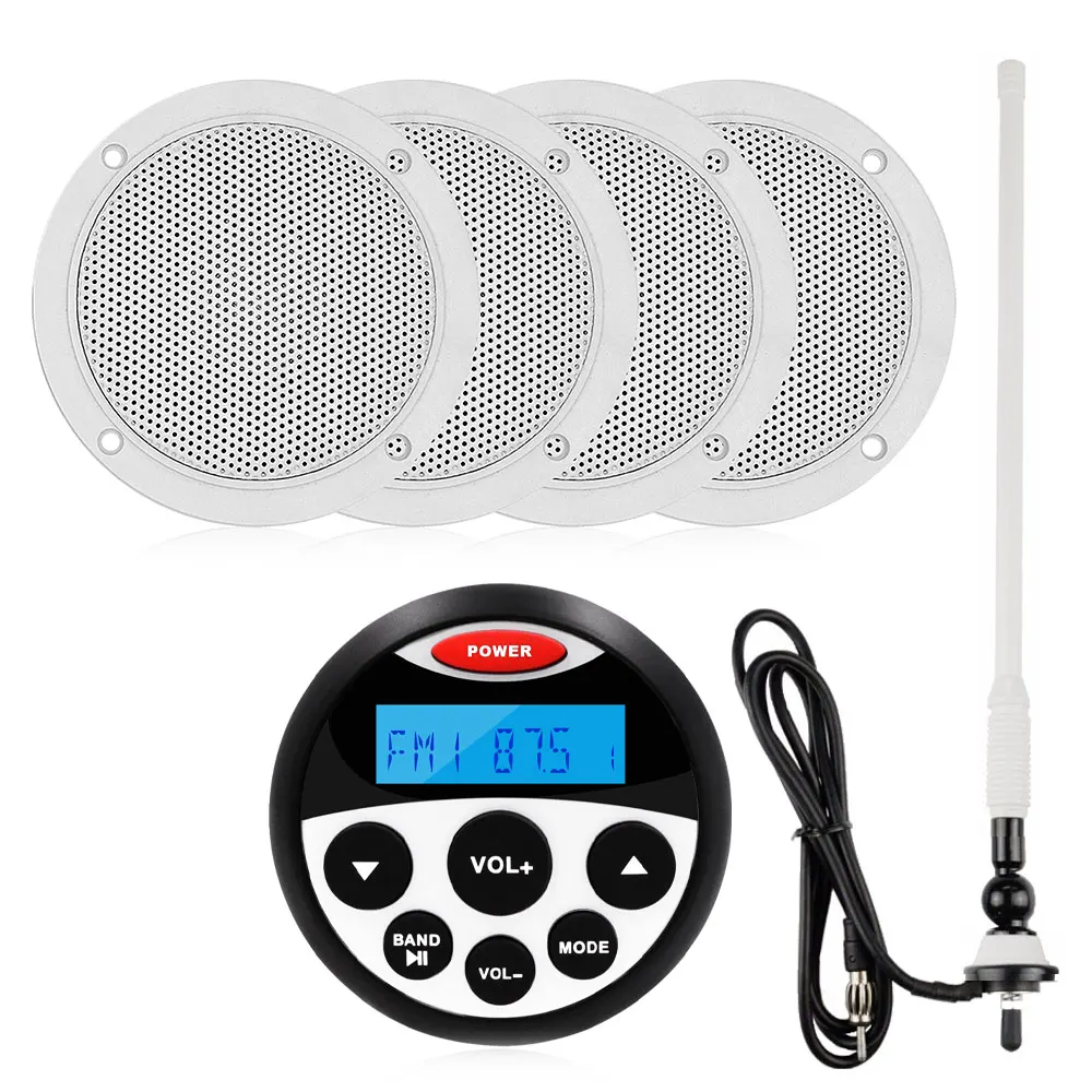 

Морской Bluetooth стерео радиоприемник для лодки FM AM mp3-плеер аудио + 4-дюймовый морской водонепроницаемый динамик + антенна для ATV спа гольф тележка