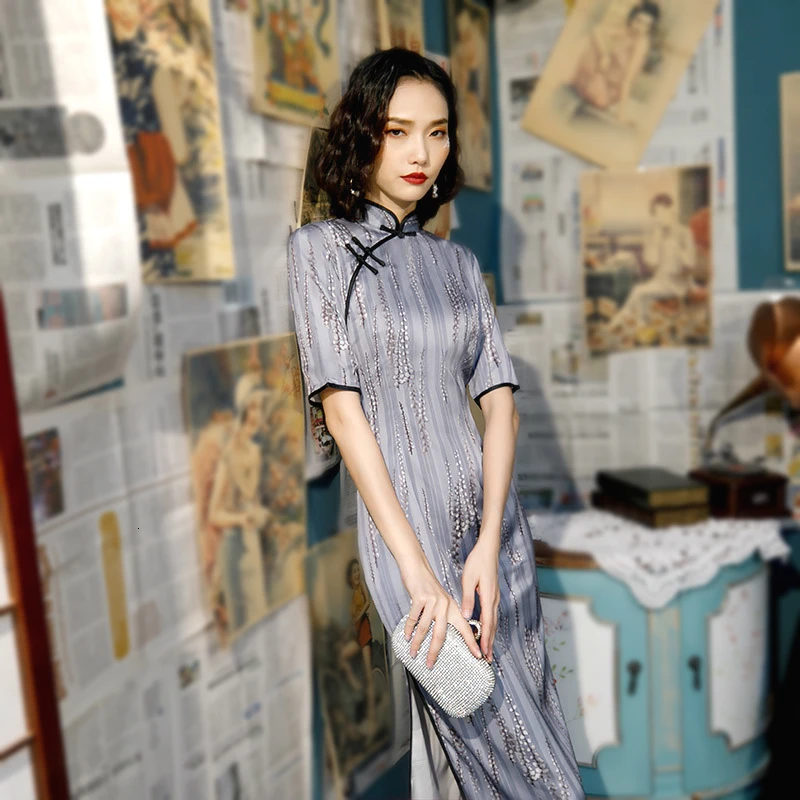 4XL 3XL размера плюс Симпатичные Cheongsam шелковые длинные вечерние платья Банкетный