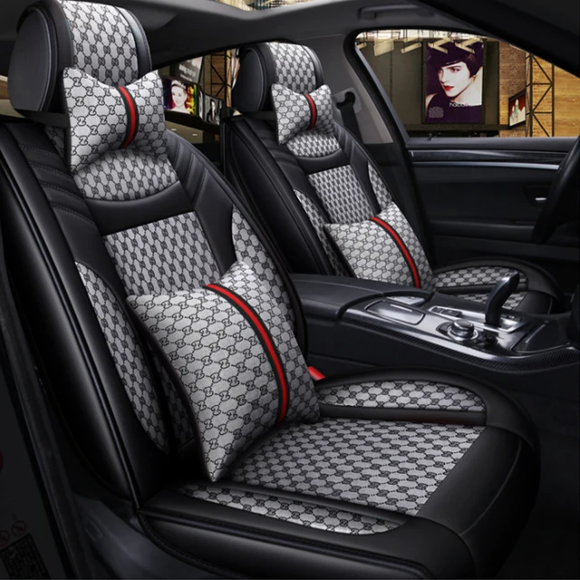KWANSHOP Luxury PU Leather Car Seat Cover 5 Seats Cushions Car Headrest  Front & Rear Set Interior Auto Seat Cover Mat 