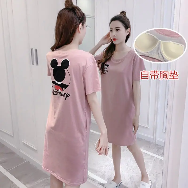 

With Chest Pad Nightgown Women's Summer Cotton Short Sleeve Pajamas Students Cute Cartoon One-piece Wear Free Bra Tracksuit
