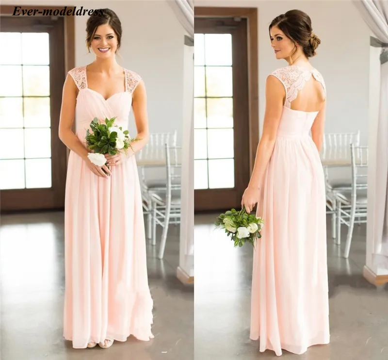 Vestidos бледно-розовый шифон Длинные свадебные платья кружевные рукава Футляр страна Бохо Свадебные платья для гостей vestidos de festa