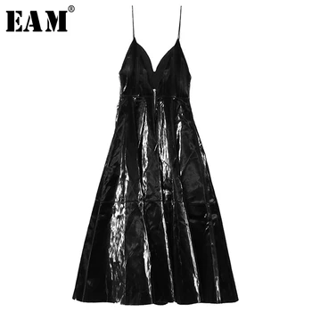 

[EAM] Women Pu Leather Zipper Midi Temperament Strapless Dress New Sleeveless Loose Fit Fashion Tide Spring Autumn 2020 1S486