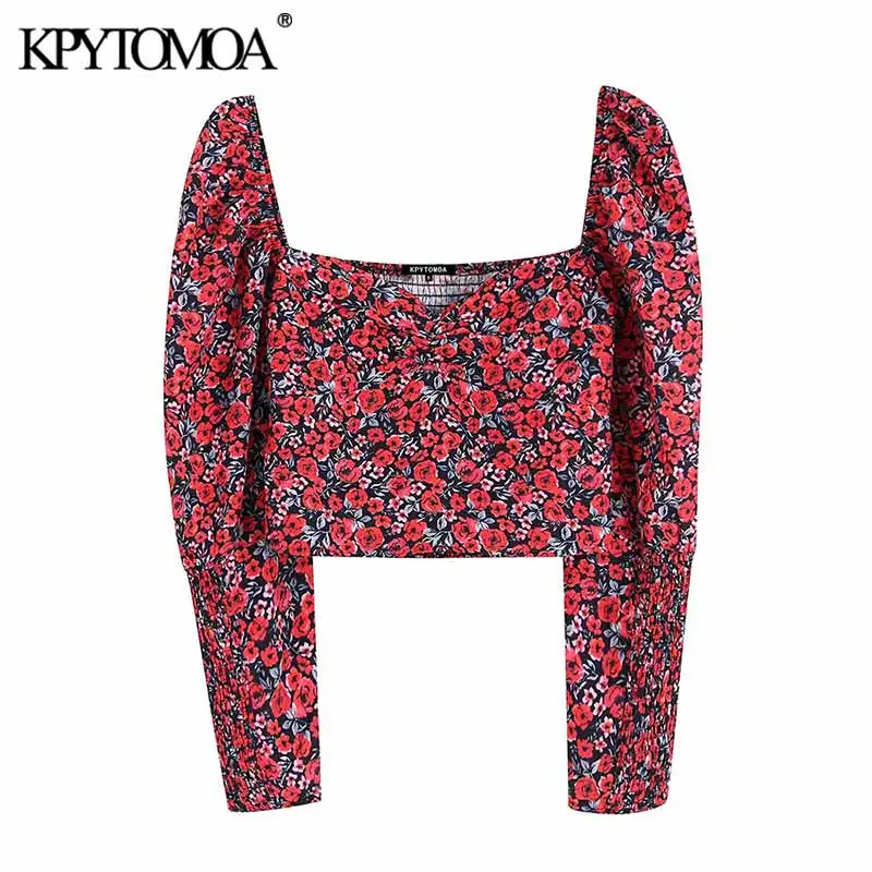  Vintage Stylish Floral Print Short Style Blouses Women 2020 Fashion V Neck Long Sleeve Back Elastic