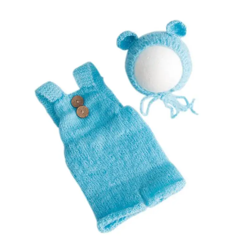 Winter Newborn Photography Clothing Hand-Woven Soft Mohair Bear Rompers+Hat Suit Outfit Baby Boy Girls Costume Accessories - Цвет: Синий