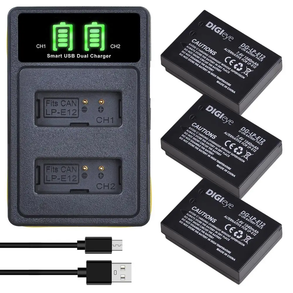Lp-E12 Lpe12 Batteria Ricaricabile + Caricatore Doppio Usb Led Per Canon Rebel Sl1, Eos-M, Eos M2, Eos M10, Eos M50, Eos M100