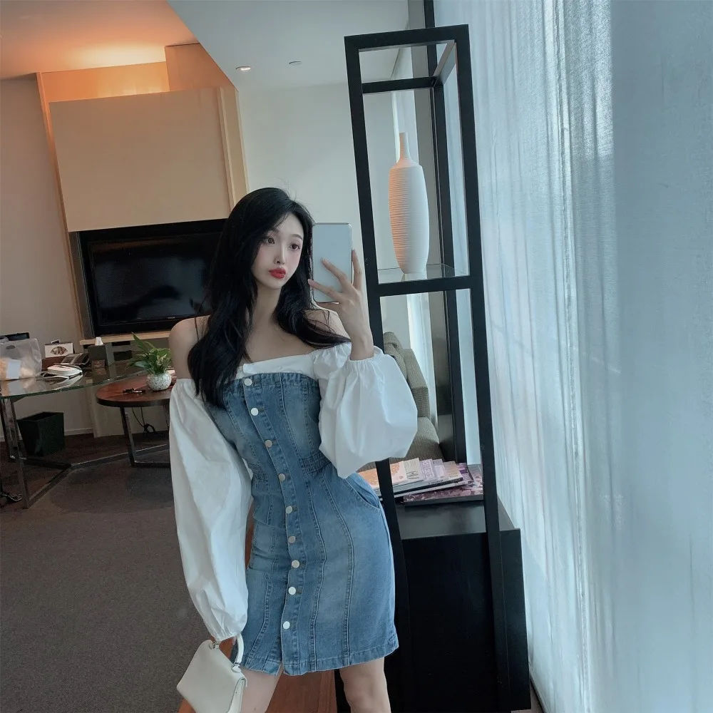 Уличная мода WHITNEY WANG, Сексуальное Лоскутное джинсовое платье для стройных женщин, осенние джинсы, мини-платье