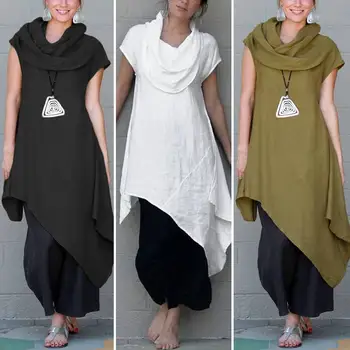 

ZANZEA 2020 Stylish Irregular Hem Tops Women Short Sleeve Summer Blouse Lady Cotton Turtleneck Shirts Female Tunic Long Blusas