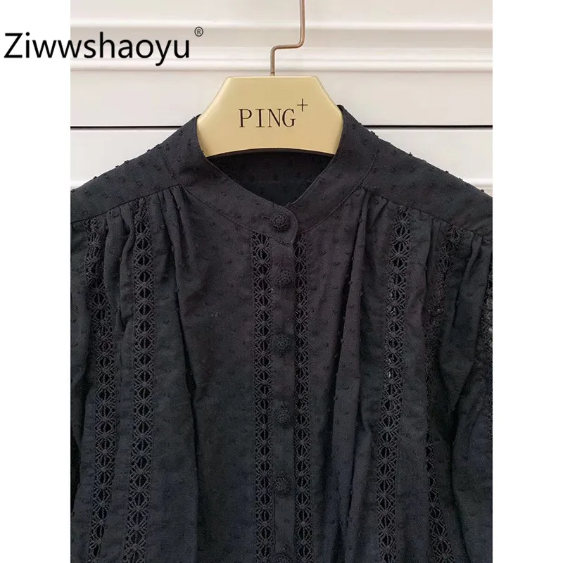 Ziwwshaoyu Сексуальная Открытая Вышивка Черная хлопковая блузка рубашка Женская Осенняя брендовая дизайнерская блузка с рукавами-фонариками Топы