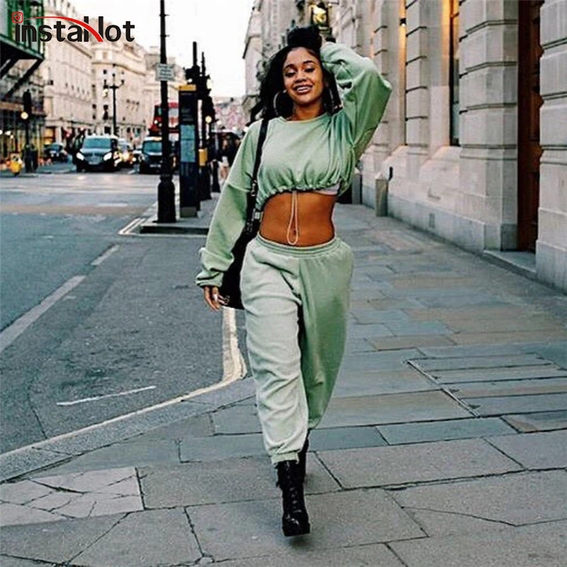 

InstaHot Solid Women Tracksuit Cutton Drawstring Hem Loose Casual Two Piece Sets Crop Top and Tapered Pants Autumn Streetwear