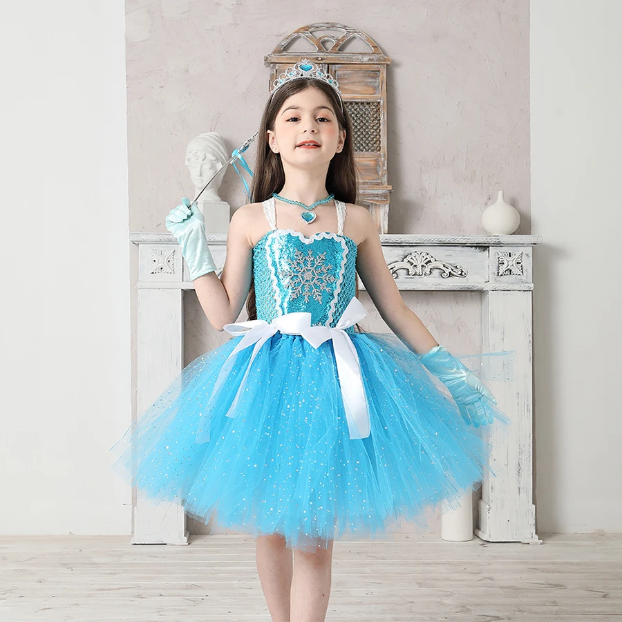 Snow Ice Princess Queen Girls Tutu Dress Glittery Sparkle Handmade Kids Halloween Party Birthday Fancy Dresses Elsa Clothes (6)