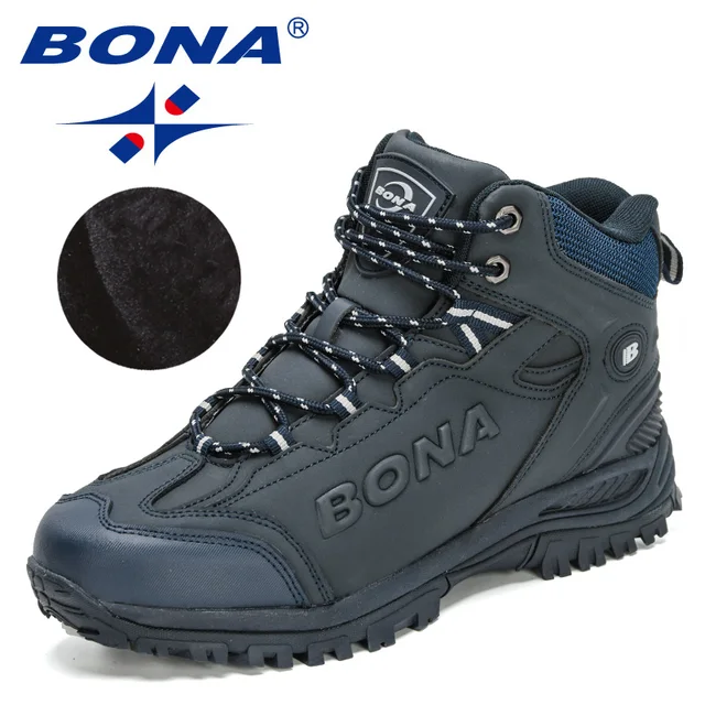 BONA 2022 New Designers Popular Hiking Boots Men Snow Warm Sneakers Man Padded Trekking Winter Action Leather High Top Footwear Deep blue S gray