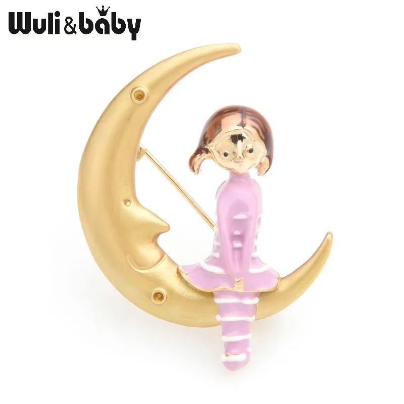 pink Wuli&baby, голубые, розовые Броши для девушек, сидящих на Луне, для женщин, сплав, эмаль, Повседневная брошь для вечеринки, булавки, подарки на год - Окраска металла: pink