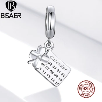 

BISAER Lucky Calendar Dangle Charm 925 Sterling Silver Clover Beads Pendant CZ DIY Original Bracelets Necklace Jewelry EFC257