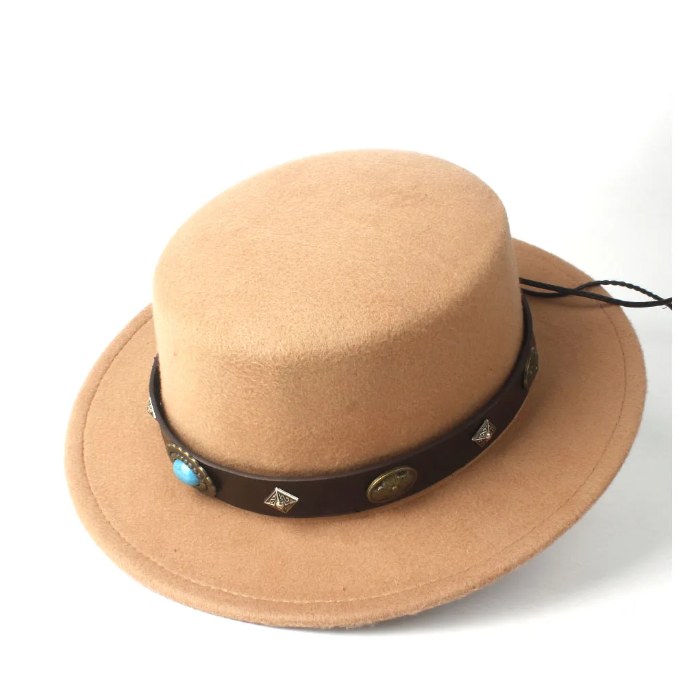 Unisex Women Men Wool Flat Top Hat Birthday Party Hat Wide Brim Hat Fedora Hat Size 56-58CM
