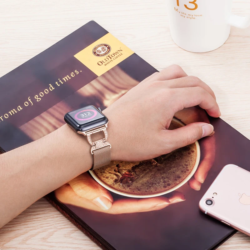 Ремешок для apple watch, ремешок 44 мм, 40 мм, Миланская петля, алмазный, для apple watch 4, 5, 3, браслет из нержавеющей стали iwatch, ремешок 42 мм, 38 мм