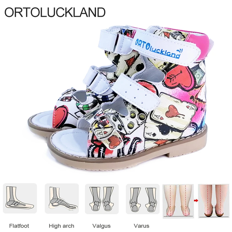 Girls Summer Sandals Buckle Strap Orthopedic Footwear For Children Kids Toddler Fancy Graffiti Shoes With Arch Support Insole