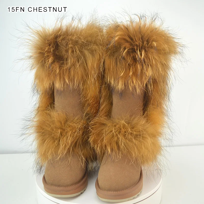 15FNX Chestnut INOE/Модные женские зимние сапоги из коровьей замши с натуральным лисьим мехом; зимние сапоги высокого качества; распродажа; Большие скидки; песочный цвет - Цвет: 15FNX Chestnut