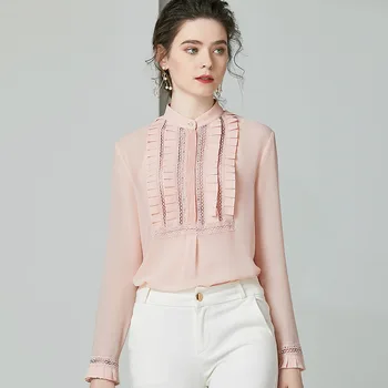 

Pink Sweet Ladies Tops Spring Silk Blouses Long Sleeve Women Clothing Light Green Lace Shirt Hollow Out Solid Color blusas za