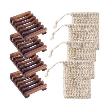 

4 Pack Bathroom Wooden Soap Case Holder and 4 Pack Soap Exfoliating Bag Natural Soap Saver for Bathroom Kitchen