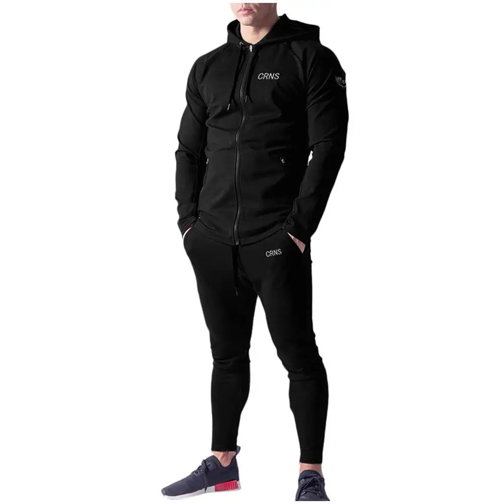 Весенне-осенняя мужская облегающая Черная Спортивная одежда Мужская спортивная одежда для фитнеса и бега модная Толстовка+ спортивные штаны на шнурке - Цвет: Black