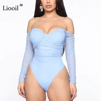 

Liooil Blue Off Shoulder Ruched Mesh Body Suit Tops For Women 2020 Long Sleeve Strapless Bodycon Party Sexy Jumpsuit Club Romper
