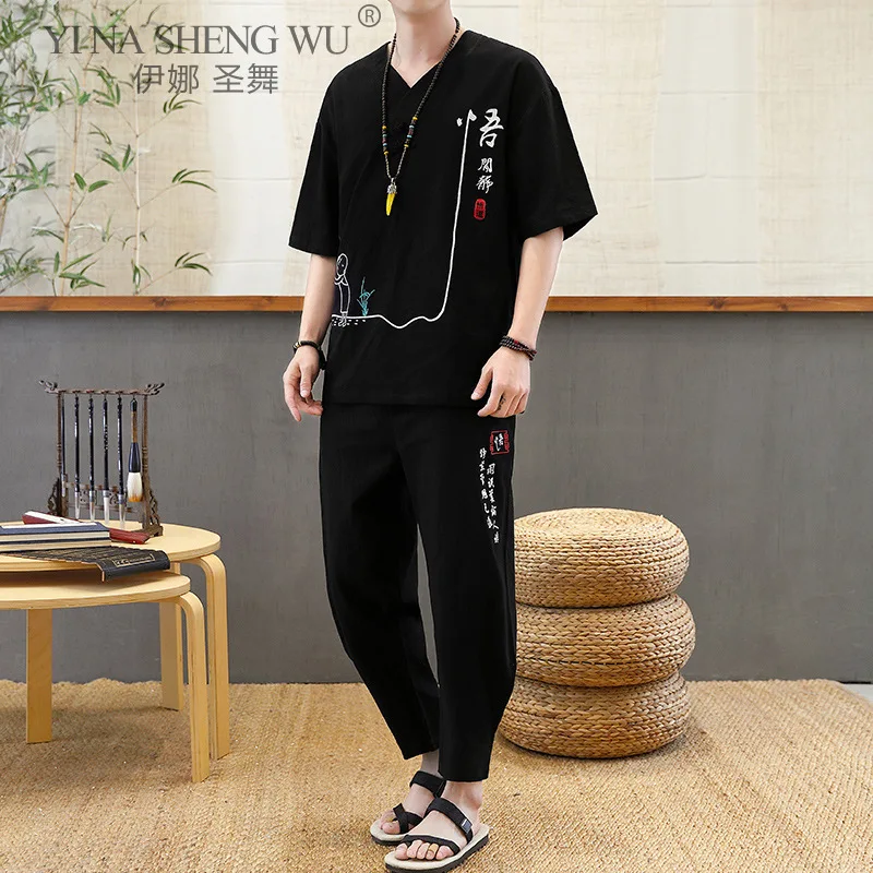 

Japanese Linen T-Shirt Trousers Men's Summer New Japanese Men's Plus Size Kimonos Suit Japanese V-Neck Half Sleeve Retro Male