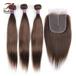 3 Bundles with Lace Closure Middle Part 200g/set Straight Hair Weave Color 2 Dark Brown Remy Human Hair Bobbi Collection