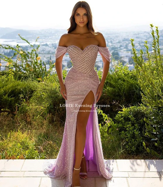 LORIE Sparkly Arabic Sweetheart Evening Dress Bling Bling Pink Sequin Sexy Split Prom Dresses Evening Party Gowns Custom made Pink