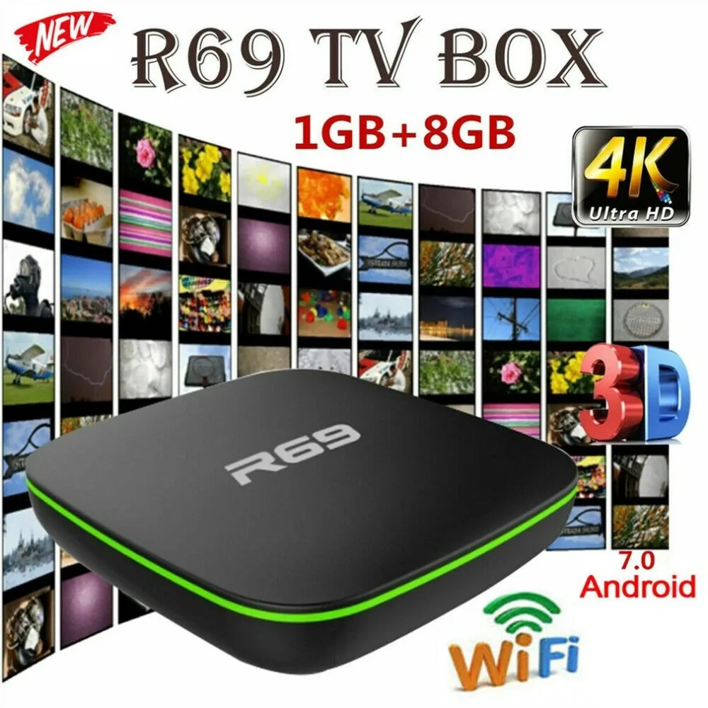 R69 Android 7,1 Smart tv Box 1+ 8G четырехъядерный HD 2,4 ГГц WiFi 4K медиаплеер 1080P HD Поддержка 3D кино