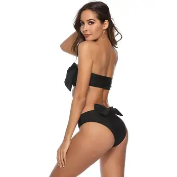 

19-year European and American swimwear new high-end pure-color breast-wipe bow bikini