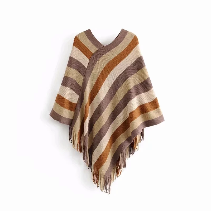 

Colorful Stripes V-neck Knit Wrap Swing Female Loose Tassels Indie Folk Sweate