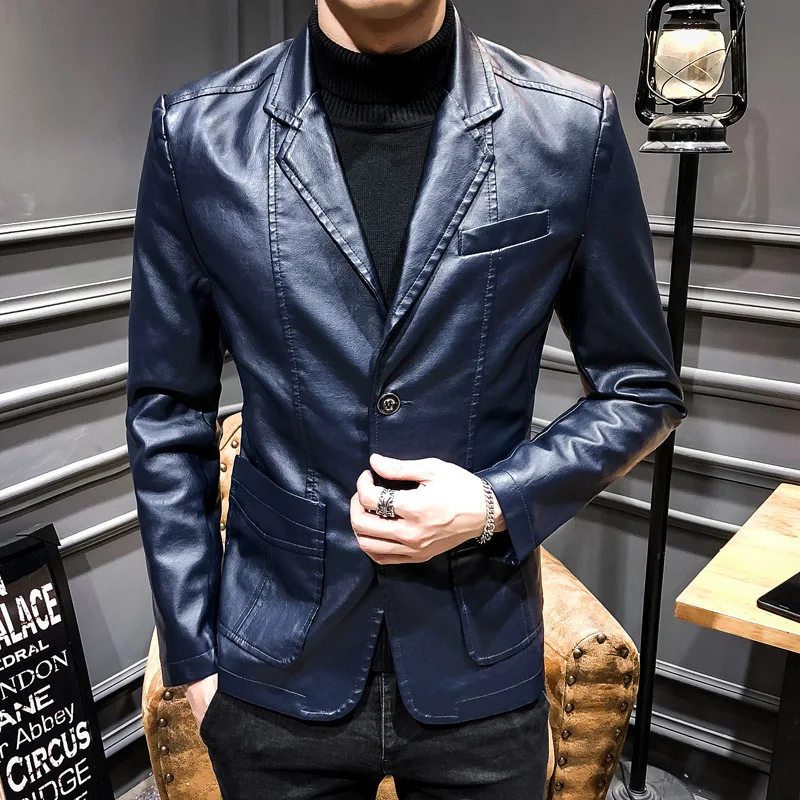 

2019 MEN'S Leather Coat Suit Collar Korean-style Slim Fit Casual PU Leather Jacket Spring And Autumn Thin Coat