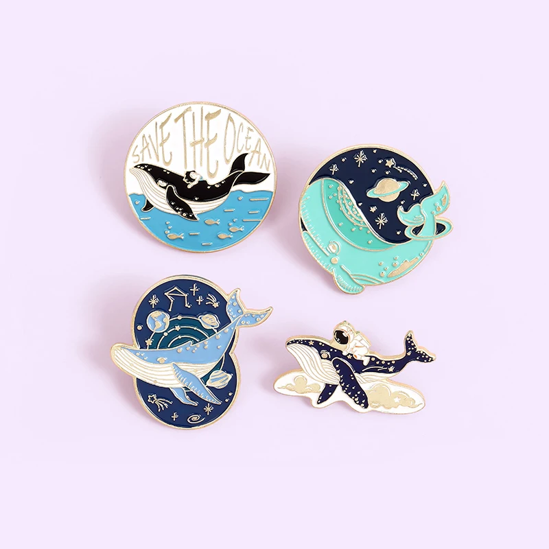 

Interstellar Whale Custom Enamel Lapel Pins SAVE OCEAN Cute Animals Brooches Badges Fashion Pins Space Lover Jewelry Wholesale