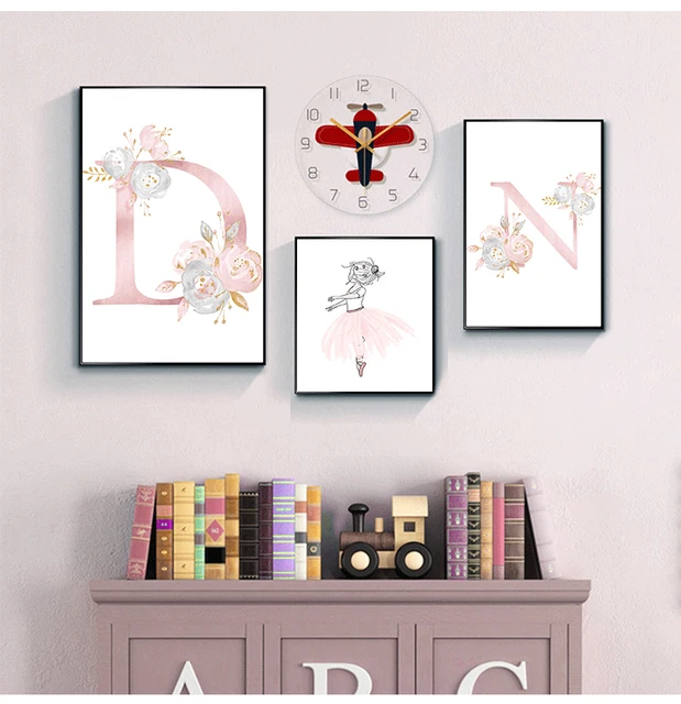 Flowers Wall Art Pictures For Girls Room Decoration Personalized Poster Baby Name Custom Canvas Painting Nursery Prints Pink 3