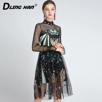 

DLINGHAN Fashion Mesh Embroidery Dress Women's Stand Collar Sequined Print Dresses Designer Summer New
