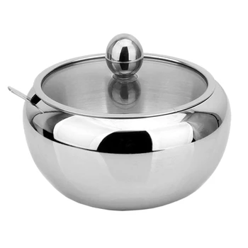 

Stainless Steel Sugar Bowl with Clear Glass Lid - for better recognition, and Spoon for Home and Kitchen, Drum Shade,19 Ounces(5