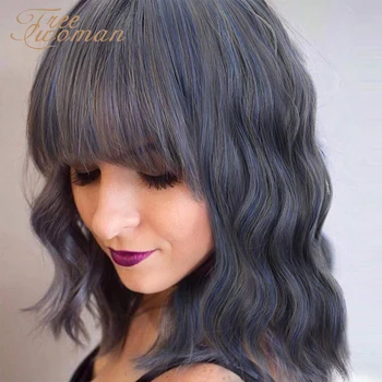 

FREEWOMAN Synthetic Wigs With Bangs Water Wave Wig For Women Heat Resistant Natural Hairline Full Hair Cosplay Daily Party