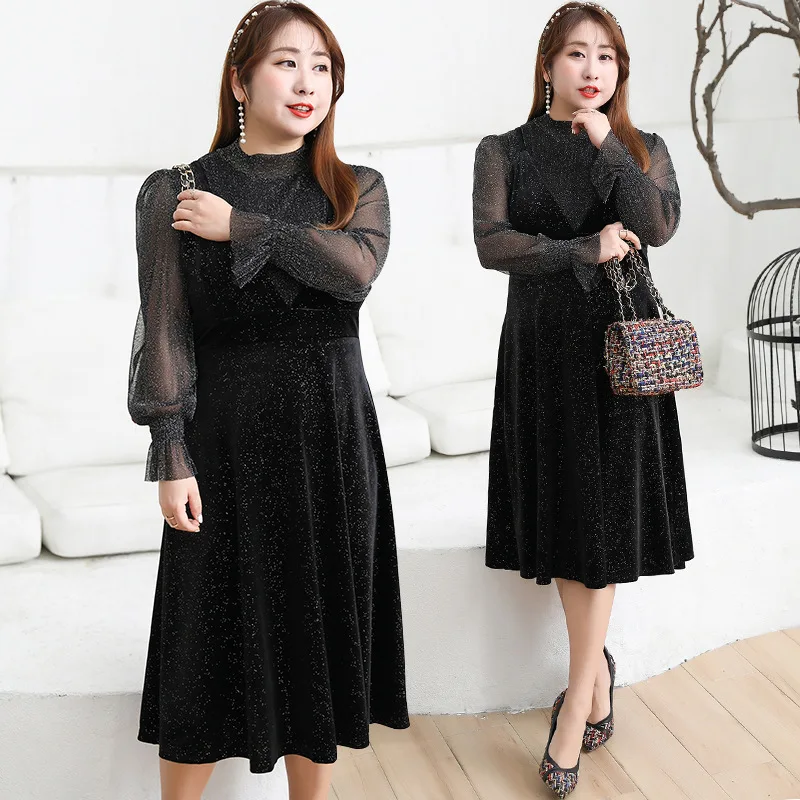 

2019 Autumn Clothing Large GIRL'S Plus-sized WOMEN'S Dress Slimming Two-Piece Velvet Dress a Generation of Fat 6800