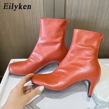 

Eilyken Autumn Winter Women Chelsea Boots Fashion Zip Thin High Heels Ladies Orange PU Leather Round Toe Shoes Short Bootties