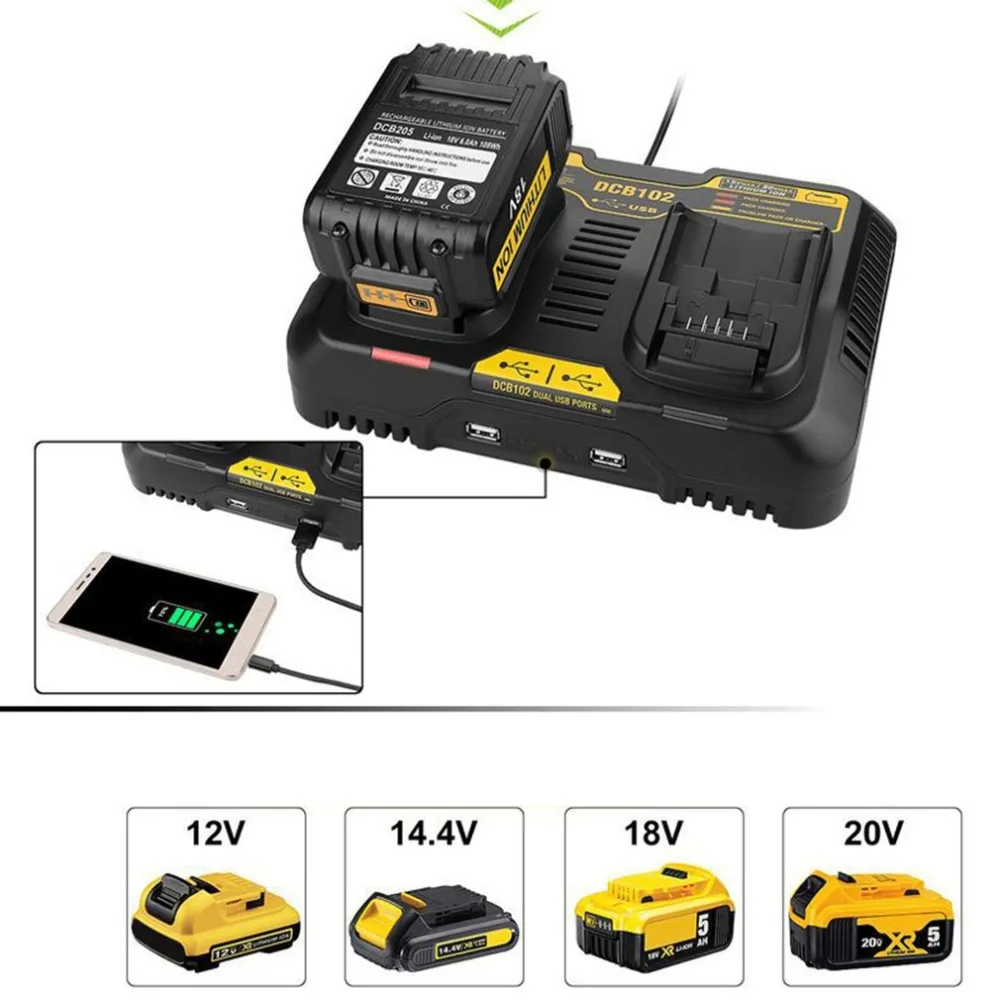 10,8 V-20 V Dual USB Автомобильное зарядное устройство литий-ионный аккумулятор универсальный перезаряжаемый аккумулятор Зарядное устройство пакет Мощность инструмент для Dewalt DCB102 зарядная станция