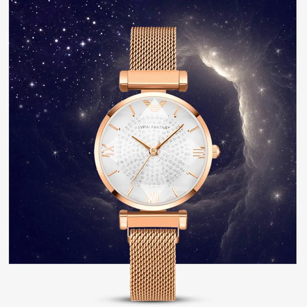 New Women Watches Ladies Rhinestone Rose Gold Magnetic Watch Geometric Surface Roman Numerals Quartz Wristwatches Dropshipping