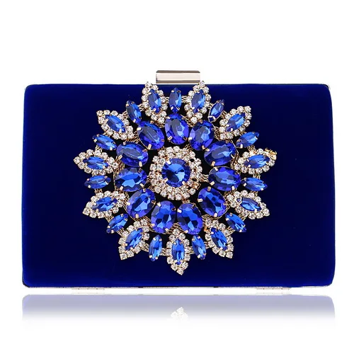 YM1061blue YINGMI Fashion flower diamonds evening bags PU shoulder chain clutch bags velvet rhinestones party wedding bridal purse - Цвет: YM1061blue