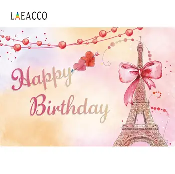

Laeacco Pink Background Watercolor Eiffel Tower Happy Birthday Party Customized Poster Baby Kid Photographic Backdrop Photocall