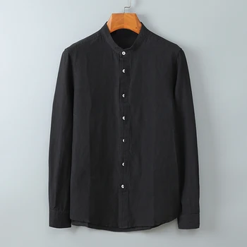 

100% Pure Linen Men Long Sleeve Shirt Solid White Black Gray Stand Collar Single Breasted Fashion Casual Shirts Y2251
