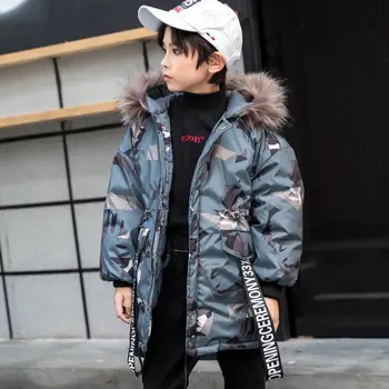 

Thick winter Kids boys Big Fur Hooded Cotton Long Jackets Camo Warm Coat Parkas