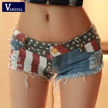 

Vangull New Club style Super Denim shorts Sexy Punk style European and American Flag print Low waist Skinny Hole Frayed shorts