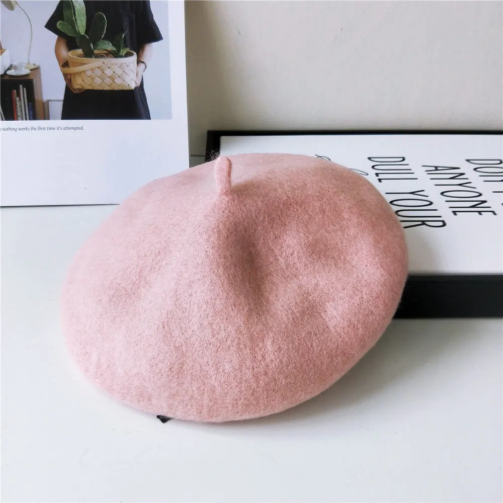 Pink Модный однотонный фетровый берет, женская шапка в британском стиле, женские шерстяные французские береты, женские шапки, теплые шапочки для прогулок - Цвет: Pink