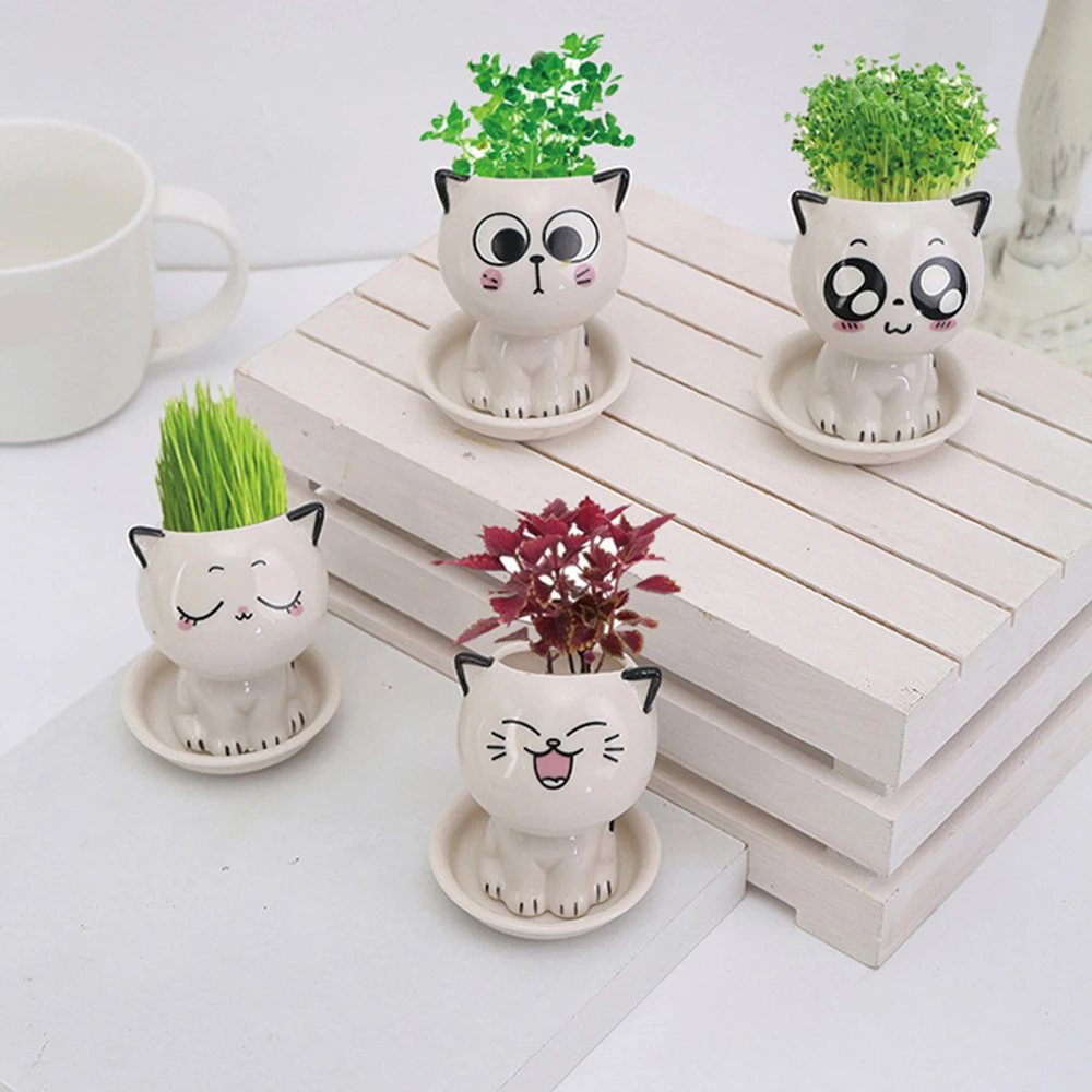 Mini Cat Shaped Ceramic Flowerpot Cartoon Cute Hand Desktop Potted Expression Cat Plant Pot Desk Decorate Small Ornaments flower pot plant pot