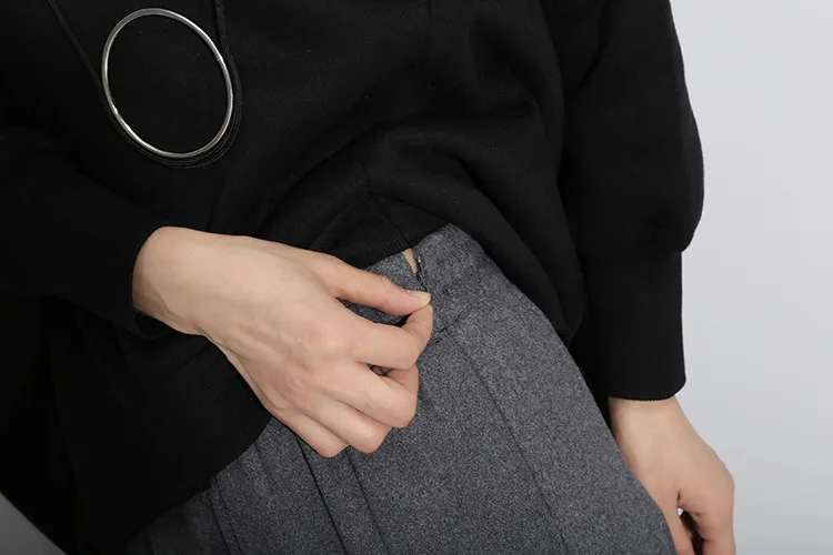 LIVA GIRL New Autumn Winter High Waist Solid Color Black White Split Joint Loose Pleated Half-body Skirt Women Fashion